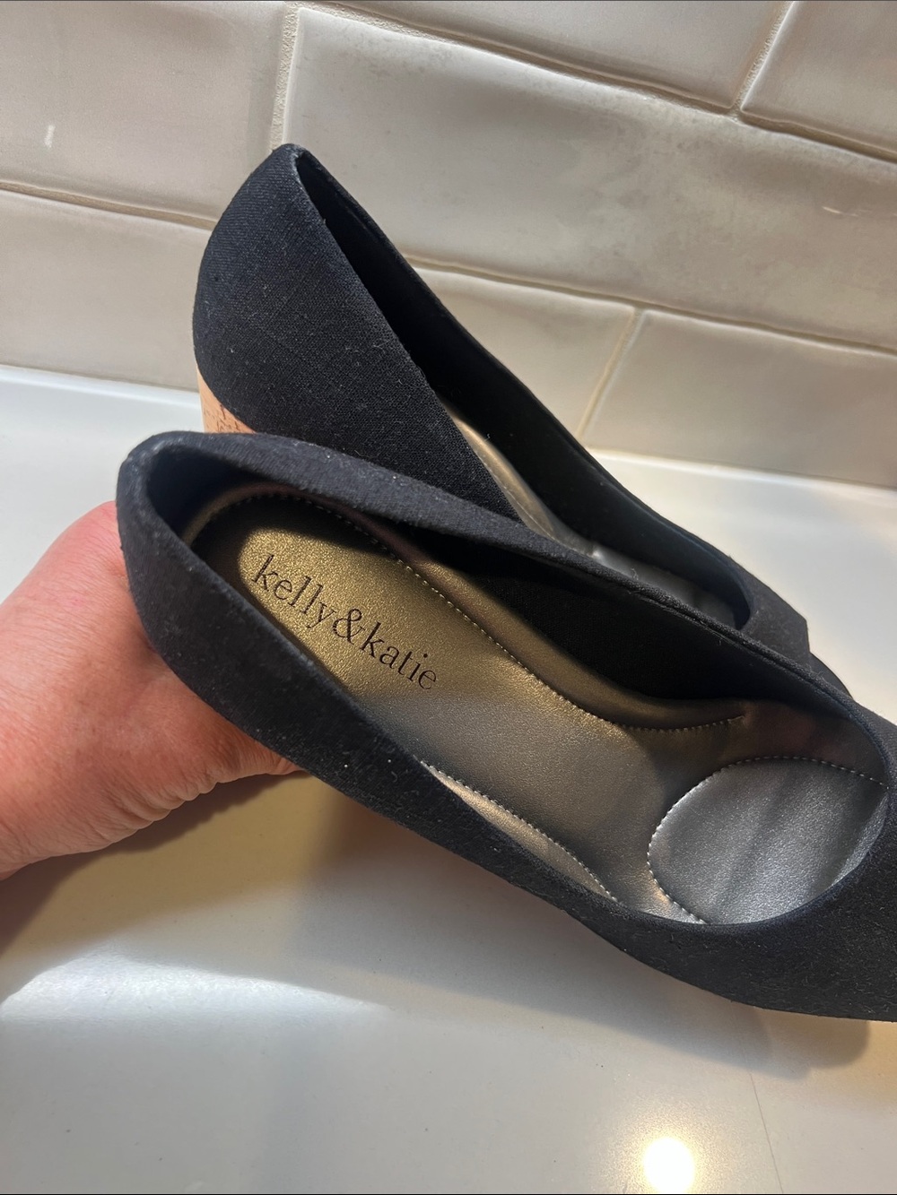 Black Peep-Toe Cork Wedge Heels - Picture 3 of 8